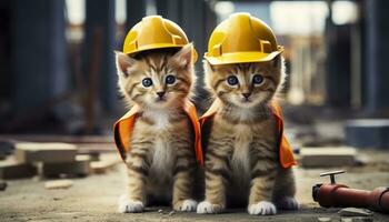 AI generated Two kittens wearing hard hats on a construction site. Generative AI photo