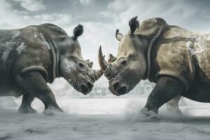 AI generated Two Rhinoceros getting ready for fight on Ice. AI Generated photo