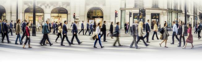 AI generated Walking people blur. Lots of people walk in the City of London. Wide panoramic view of people crossing the road. AI Generated photo