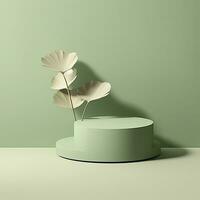 AI generated Empty podium with Ginkgo Biloba leaves and shadows on pastel green background.  AI Generated. photo