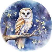 AI generated Watercolor magical owl sitting on a tree branch for T-shirt Design. AI Generated photo