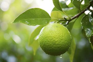 AI generated Close up of wet lime on branch. AI Generated photo