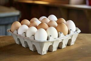 AI generated Close up of open carton of fresh store bought white eggs. AI Generated photo