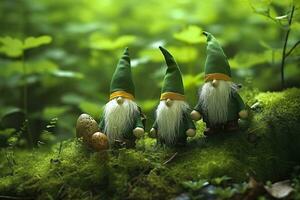 AI generated Toy Irish gnomes in a mystery forest, abstract green natural background. Generative AI photo