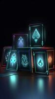AI generated Some playing cards with glowing neon designs on a tablet. Generative AI photo