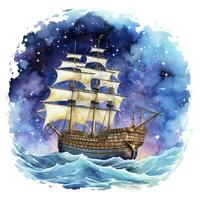 AI generated Night sea ship watercolor style for T-shirt design. AI Generated photo