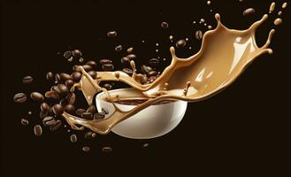 AI generated hot liquid coffee splash with Coffee Bean falling, 3d illustration. AI Generated photo