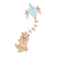 Cute cartoon teddy bear flies on a kite. Children's illustration, card, print, vector