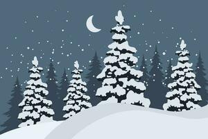 invierno paisaje con abeto arboles y Papa Noel en un trineo con reno en el cielo debajo el Luna. Navidad saludo tarjeta modelo vector