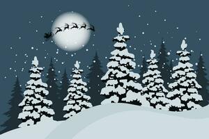 invierno paisaje con abeto arboles y Papa Noel en un trineo con reno en el cielo debajo el Luna. Navidad saludo tarjeta modelo vector