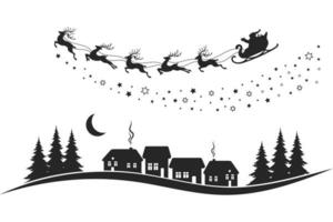 Santa on a sleigh with reindeers in the sky with the moon, winter landscape, silhouette on a white background. Christmas illustration, vector