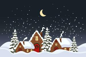 Winter landscape with cute houses and night sky with moon. Merry Christmas greeting card template. Illustration in flat style. Vector