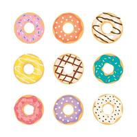 Set of cartoon colorful donuts. Top View Doughnuts collection into glaze for menu design, cafe decoration, delivery box. vector