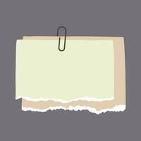 Note paper with pin, binder clip. Blank sheet, torn piece of paper and notebook page. Templates for a note message. vector