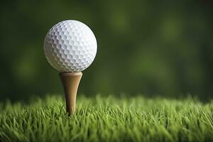 ai generado blanco golf pelota en de madera tee con césped. generativo ai foto