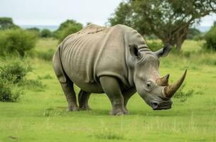 AI generated White Rhino grazing. AI Generated photo