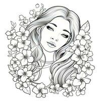 AI generated A girl on a coloring book page with Jasmine flowers. AI Generated photo