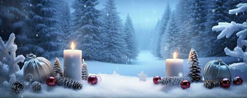 AI generated Winter Forest Landscape With Burning Candles Christmas Decoration. AI Generated photo