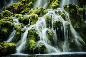 AI generated Waterfall landscape with rocks covered in green moss. AI Generated photo