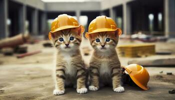 AI generated Two kittens wearing hard hats on a construction site. Generative AI photo