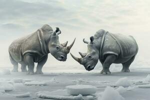 AI generated Two Rhinoceros getting ready for fight on Ice. AI Generated photo