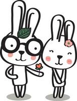 Set of sweet and cute white bunny rabbits boy and girl. Rabbit cartoon vector collection.