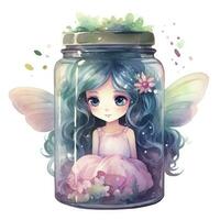 AI generated Watercolor Fantasy Pastel Goth Tiny Fairy in a Jar. AI Generated photo