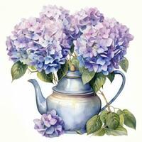 AI generated Watercolor hydrangeas in teapot isolated on white background. AI Generated photo