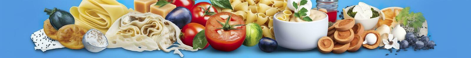 AI generated Web page banner of famous Italian food recipes on clean blue background. AI Generated photo