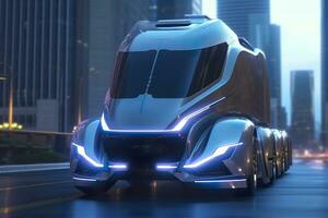 AI generated 23rd Century Futuristic Truck with Hyper Modern Drive, Wide Angle Lens, and Futuristic Skyscraper in the Background. AI Generative photo