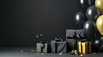 AI generated Black Friday sale banner with ballon and gift box space for text. AI Generated photo