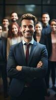 AI generated Professional Man in front of Blurred Background with Other Employees, Best Candidate Concept photo