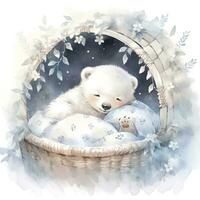 AI generated A sleepy baby white bear in bedding. watercolor illustrations. AI Generated photo