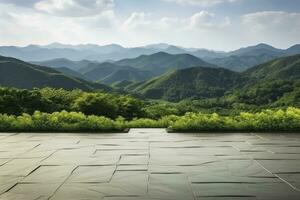 AI generated Square floor and green mountain nature landscape. AI Generated. photo