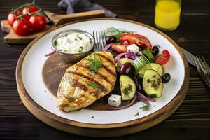 AI generated Seared chicken breast and Greek salad on a wooden table. Generative AI photo