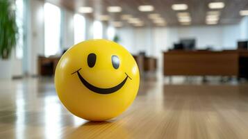 ai generado un amarillo sonriente pelota lata promover un positivo trabajo ambiente. generativo ai foto