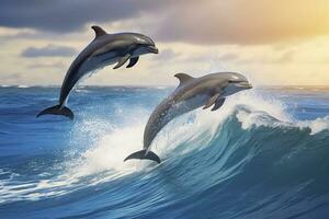 AI generated Playful dolphins jumping over breaking waves. Hawaii Pacific Ocean wildlife scenery. Generative AI photo