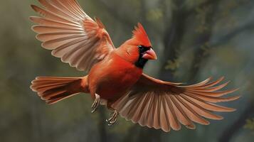 AI generated Northern Cardinal coming in for a landing. Generative AI photo