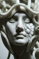 AI generated Portrait of cyborg medusa close up carved in marble. AI Generated photo