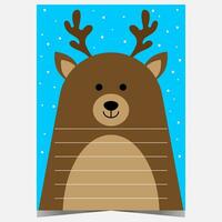 Christmas postcard or mail with wish list to Santa Claus with funny deer cartoon character in the background. Letter template for kids with empty space to write greetings for the winter holidays. vector