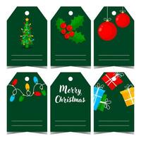 Tag, label or tab for Christmas gift box to tie it up and leave a greeting message or sign the present. Set of blank Christmas badges with traditional holiday elements and decorations. vector