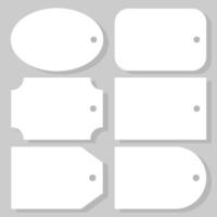 Blank paper tag, label, tally or tab of different forms with a hole to tie it up and leave note, mark or message for gift box. Templates of empty white stickers or badges for discount information. vector