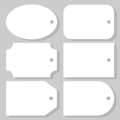 Blank paper tag, label, tally or tab of different forms with a hole to tie it up and leave note, mark or message for gift box. Templates of empty white stickers or badges for discount information.