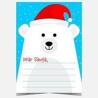 Christmas wish list with polar bear cartoon character in the background. Letter template to Santa with blank space to fill out and send to the North Pole during the winter holidays to receive gifts. vector