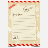 Christmas letter template to Santa with snowflakes in the background. Christmas wish list or postcard for kids to write a message of congratulation to Santa Claus and sent it to the North Pole. vector