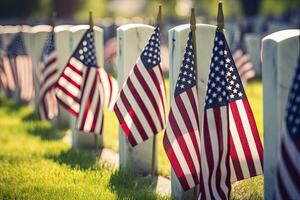 AI generated Military Headstones and Gravestones Decorated With Flags for Memorial Day.  AI Generated photo