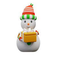 3d illustration bonhomme de neige en portant une cadeau boîte png