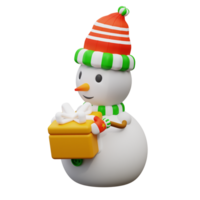 3d illustration snowman holding a gift box png