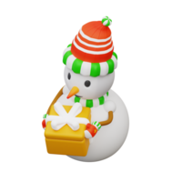 3d illustration snowman holding a gift box png