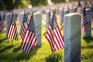 AI generated Military Headstones and Gravestones Decorated With Flags for Memorial Day.  AI Generated photo